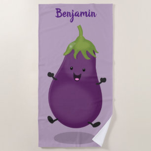 Serviette De Plage Caricature d'aubergine d'aubergine joliment heureu