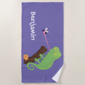 Serviette De Plage Caricature de lézard de caméléon vert joyeux (Devant)