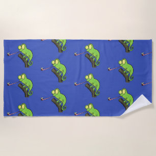 Serviette De Plage Caricature de lézard de caméléon vert joyeux