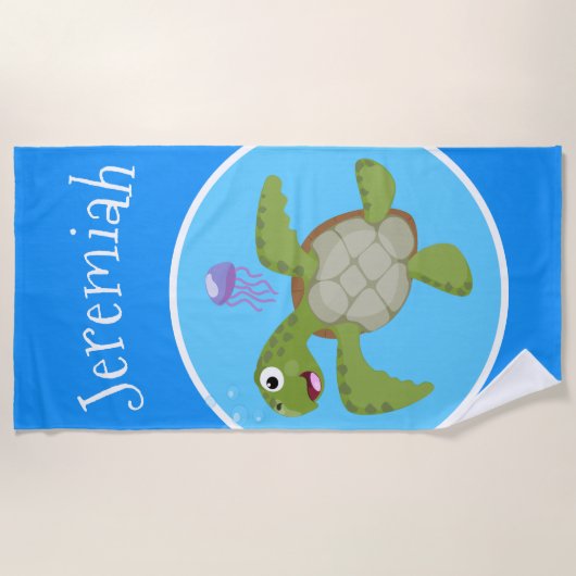 Serviette De Plage Caricature joyeuse de tortue de mer verte mignonne (Devant)