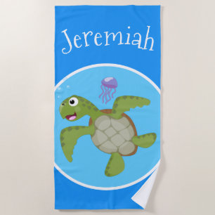 Serviette De Plage Caricature joyeuse de tortue de mer verte mignonne