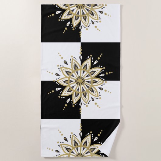 Serviette De Plage Carré noir et blanc & Gold & Black Mandala (Devant)