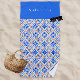 Serviette De Plage Carreaux de terre cuite bleus méditerranéens sur m
