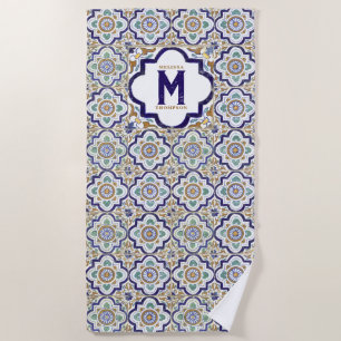 Serviette De Plage Carreaux d'ornement vintages Monogramme