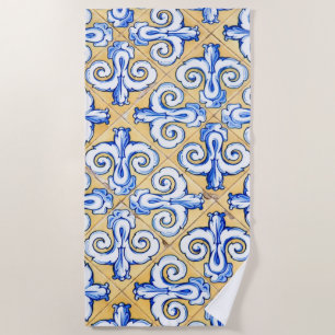 Serviette De Plage Carreaux espagnols - Azulejo Bleu, Jaune et Blanc