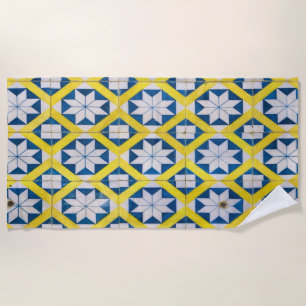 Serviette De Plage Carreaux Mosaic Fleur Motif Jaune Bleu