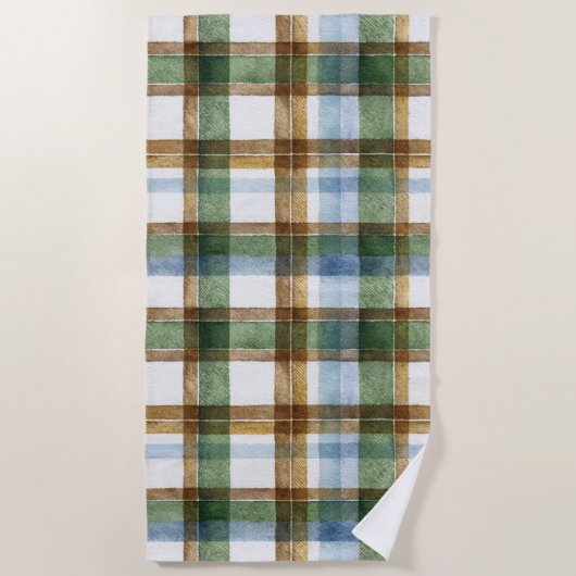 Serviette De Plage Carreaux Vert Marron Bleu Rayures (Devant)