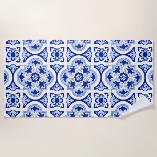 Serviette De Plage Carrelage italien, majolica, bleu et blanc motif   (Devant)