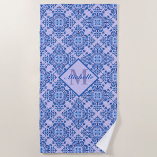 Serviette De Plage Carrelage Lavande et Bleu Géométrique Méditerranée