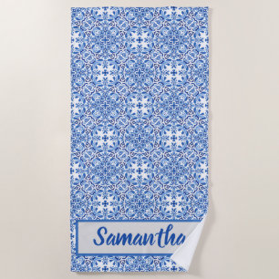 Serviette De Plage Carrelage Royal bleu et blanc géométrique méditerr