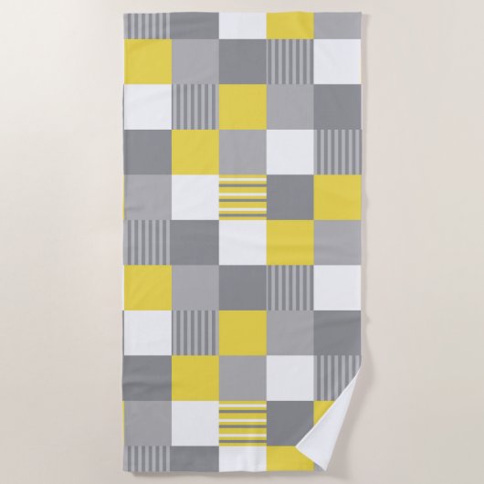 Serviette De Plage Carrés et rayures jaunes et gris (Devant)