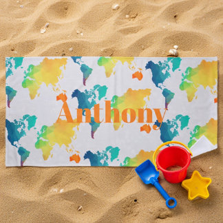 Serviette De Plage Carte du monde colorée pour enfants avec nom perso