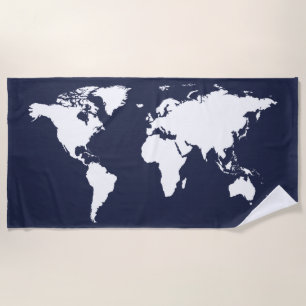 Serviette De Plage carte graphique blanche du monde sur bleu profond