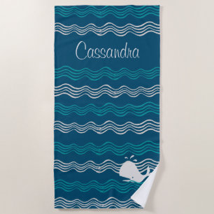 Serviette De Plage Cartoon côtier Baleine Océan Bleu et vagues Plage 