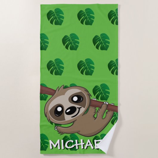 Serviette De Plage Cartoon vert de Cute Sloth Safari Nom de la jungle (Devant)