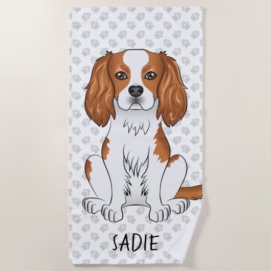 Serviette De Plage Cavalier King Charles Spaniel Blenheim & Nom (Devant)