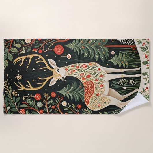Serviette De Plage Cerf de Noël de la forêt de minuit (Devant)