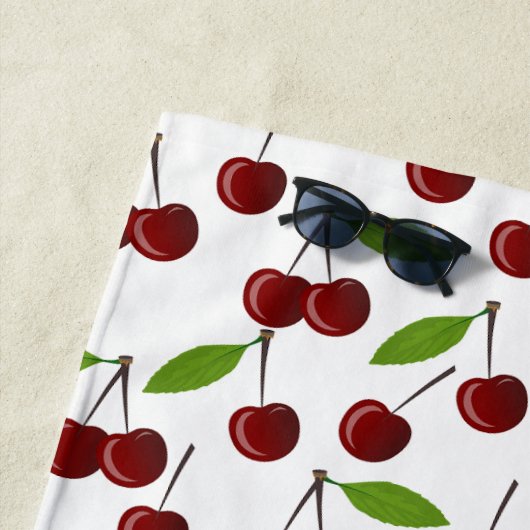 Serviette De Plage Cerise Rouge, Motif De Cerises, Feuilles, Fruits (En situation)