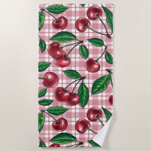 Serviette De Plage Cerises rouges sur en vichy rose (Devant)