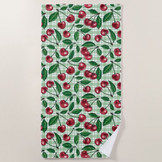 Serviette De Plage Cerises rouges sur en vichy vert clair (Devant)