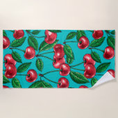 Serviette De Plage Cerises rouges sur turquoise (Devant)