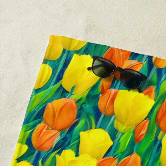 Serviette De Plage Champ de tulipes orange et jaune (En situation)