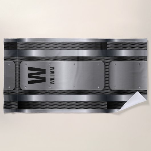 Serviette De Plage Changer Initial, Ajouter Nom, Métal Argent (Devant)