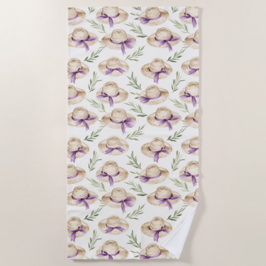 Serviette De Plage Chapeaux Crème Rubans Violets Anniversaire (Devant)