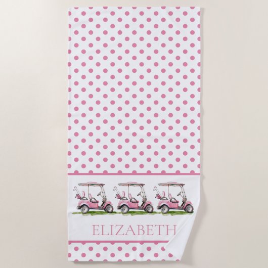 Serviette De Plage Chariots de golf Preppy Rose sur Pois personnalisé (Devant)