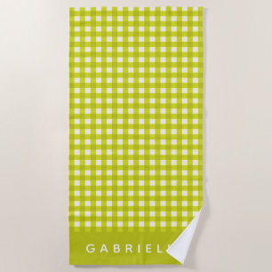 Serviette De Plage Chartreuse Gingham Nom Personnalisé Été Mignon