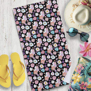 Serviette De Plage Chat Blanc Floral Pastel Botanique Romantique Noir