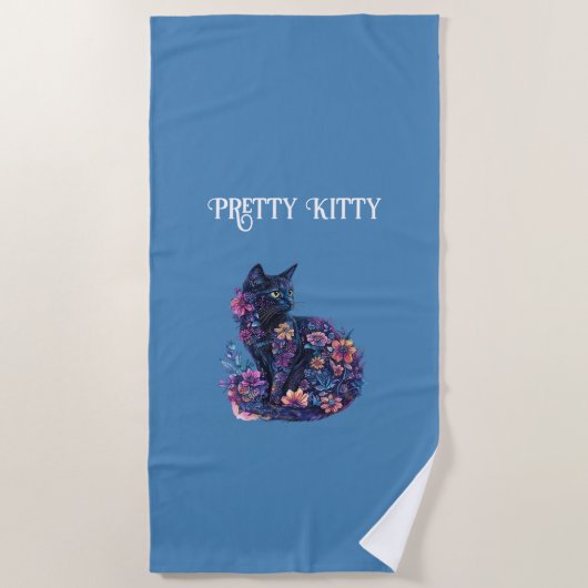 Serviette De Plage Chat bleu noir Fleurs Joli Minou (Devant)