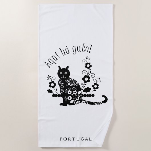 Serviette De Plage Chat noir avec des fleurs et expression portugaise (Devant)