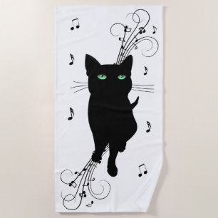 Serviette De Plage Chat noir entouré de notes de musique murmurantes