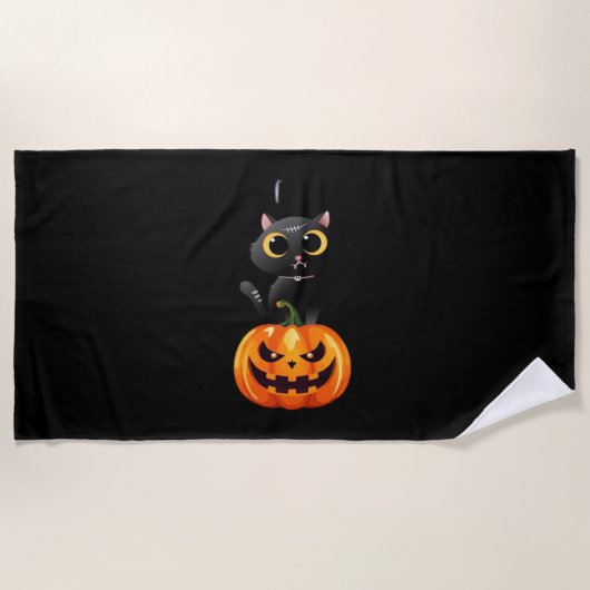 Serviette De Plage Chat noir Halloween Design - Art Citrouille Éffray (Devant)
