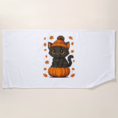 Serviette De Plage Chat noir mignon assis sur Citrouille Automne esth (Devant)