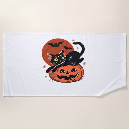 Serviette De Plage Chat noir, Nostalgique T-shirt classique Halloween (Devant)