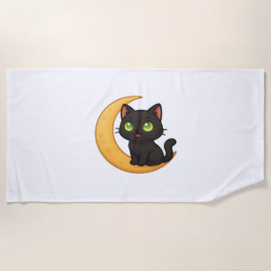 Serviette De Plage Chat noir souriant aux yeux verts brillants assis