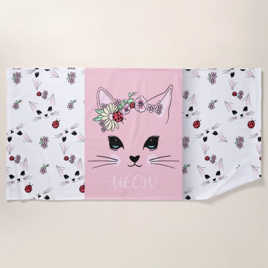 Serviette De Plage Chat rose (Devant)