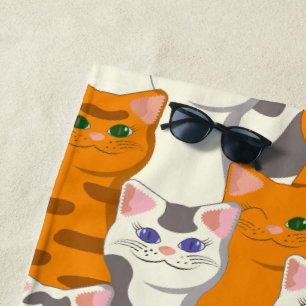 Serviette De Plage Chats blancs et gingembre motif yeux verts yeux bl