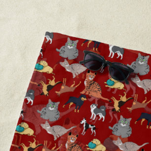 Serviette De Plage Chats et chiens motif design sur rouge