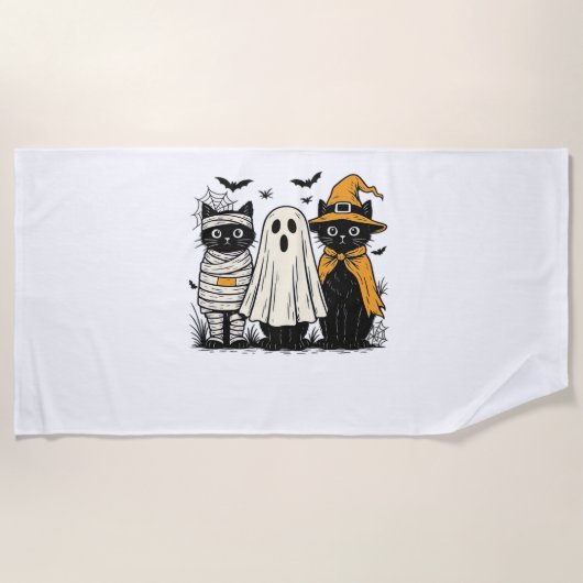 Serviette De Plage Chats noirs en costumes d'Halloween - Ghost, Witch (Devant)