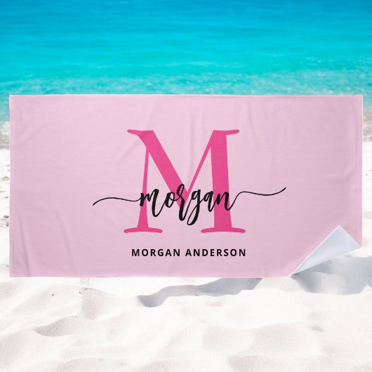 Serviette De Plage Chaud rose moderne Script Girl Monogramme Nom