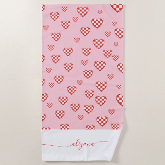 Serviette De Plage Checkered Heart Valentine Conquette Script Name (Devant)