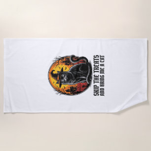 Serviette De Plage Chemise de chat Halloween Gravure vintage Épouvant
