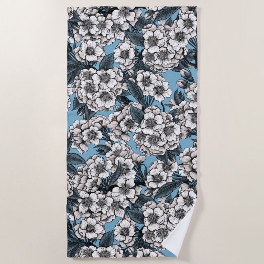 Serviette De Plage Cherry blossom in white and blue (Devant)