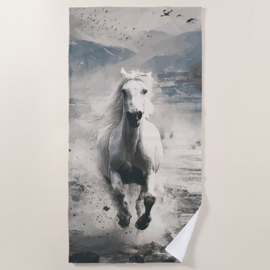 Serviette De Plage Cheval blanc courant à travers l'eau (Devant)