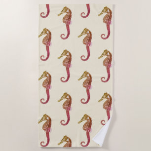 Serviette De Plage Cheval de mer rose Vintage moderne sur crème beige