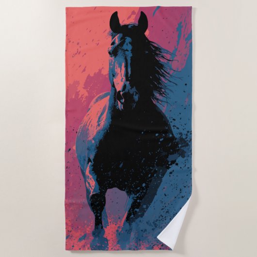 Serviette De Plage Cheval Noir en Course (Devant)