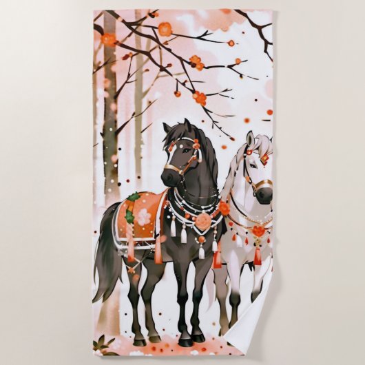 Serviette De Plage Chevaux dans une forêt rouge (Devant)